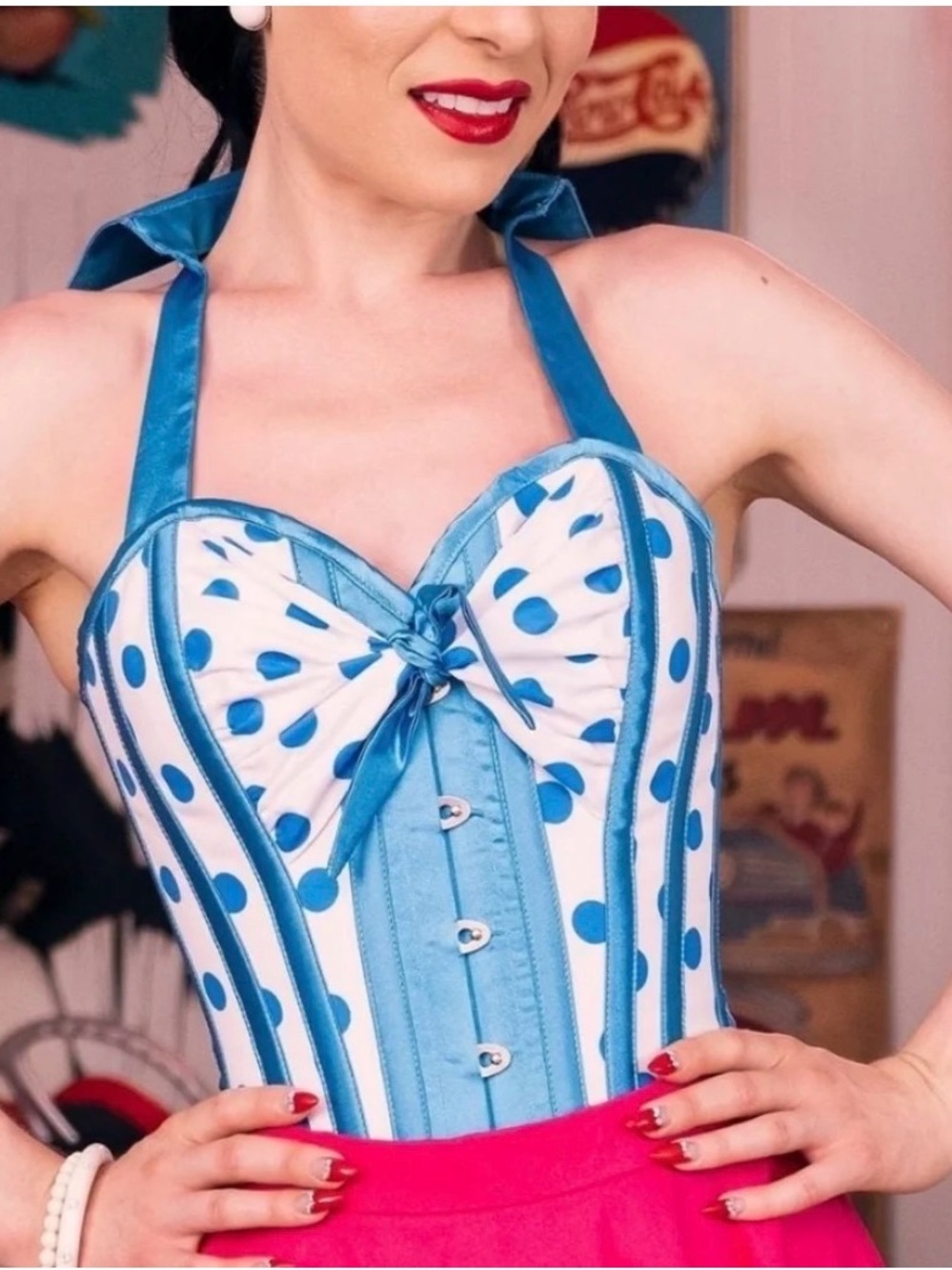 Corset story Blue Polka Dot Halter Corset Top size uk 12